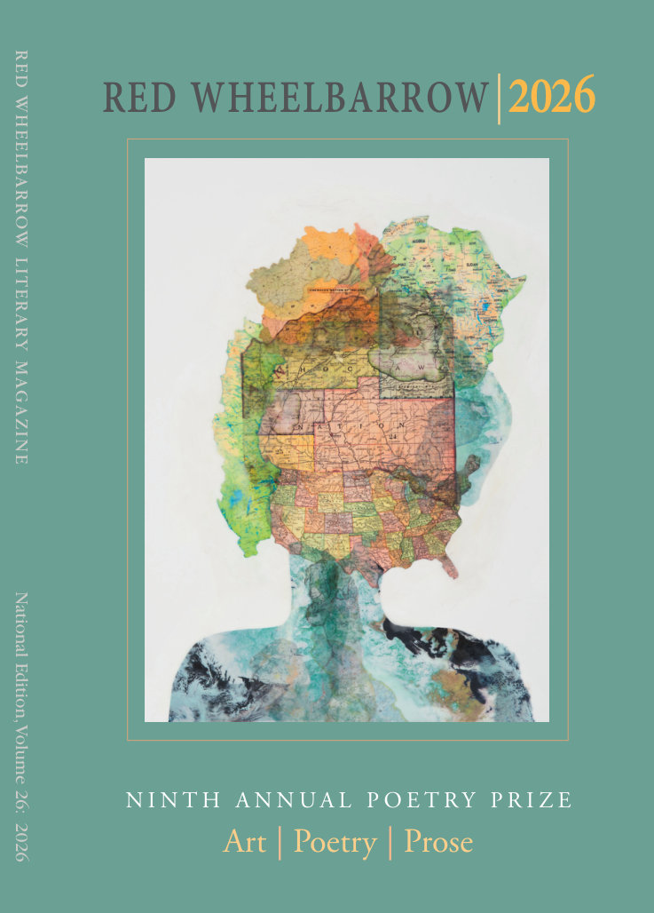 Cover of Red Wheelbarrow Literary Magazine 2026, featuring a collage of a person's head-and-shoulders silhouette made from layered vintage maps and watercolor.