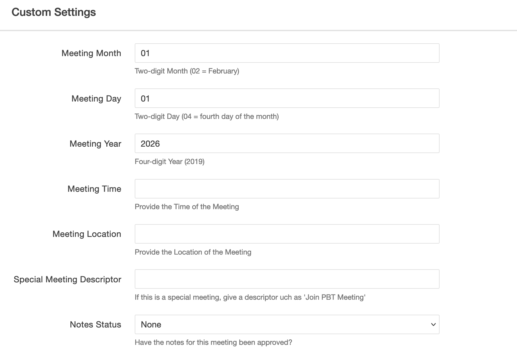 Governance Meeting Custom Settings