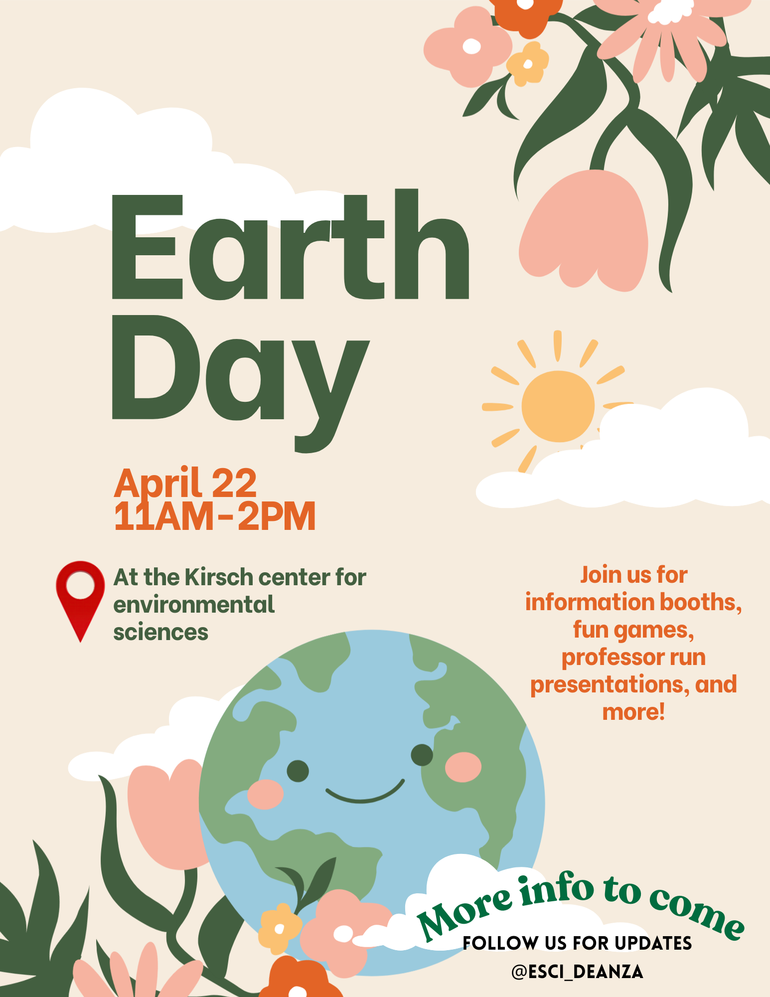 Earth Day celebration flyer with cartoon earth and flowers