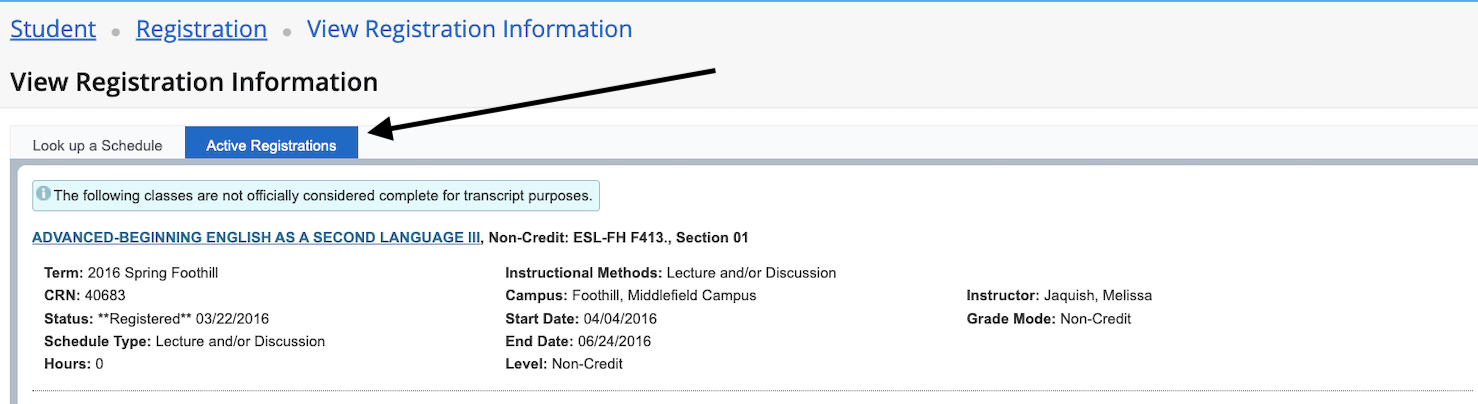 Active Registration tab