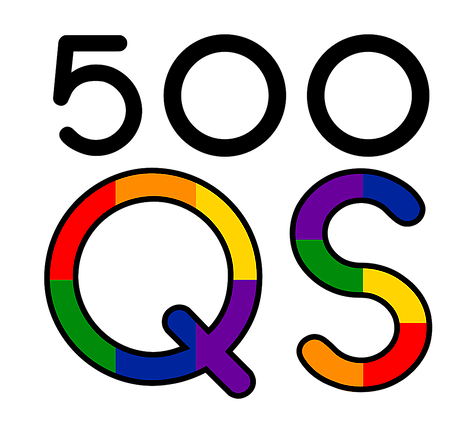 500 Queer Scientists Logo is a large letter "Q" with rainbow font
